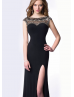 Beaded Black Jersey High Slit Backless Evening Dress